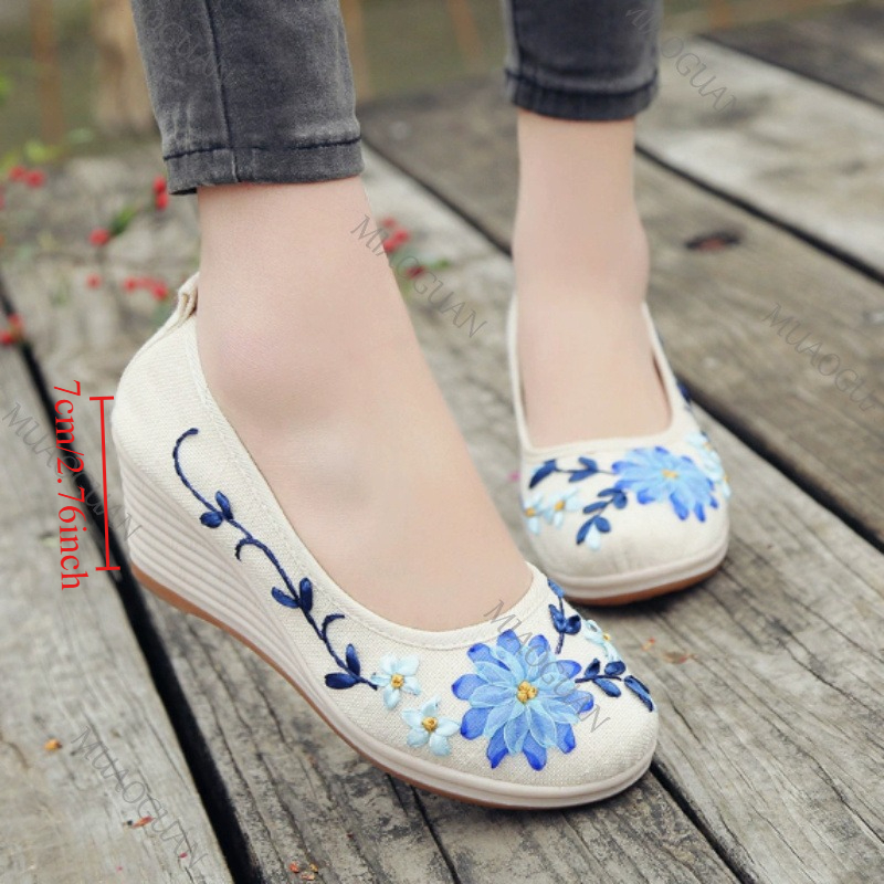Ethnic Fashion - Haftowane damskie wygodne buty na koturnie