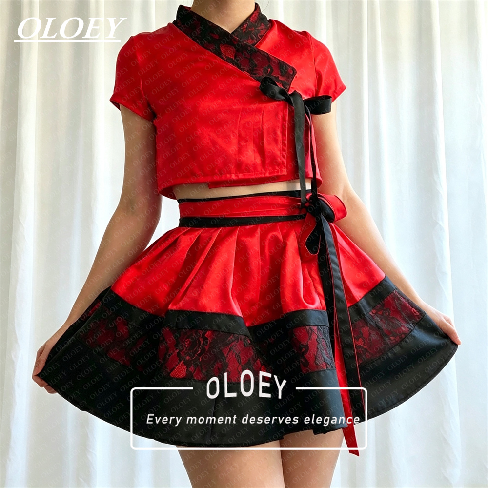 Hanbok Modern Set - OLOEY Nowoczesny Czarno-Czerwony Krótki Zestaw Hanbok