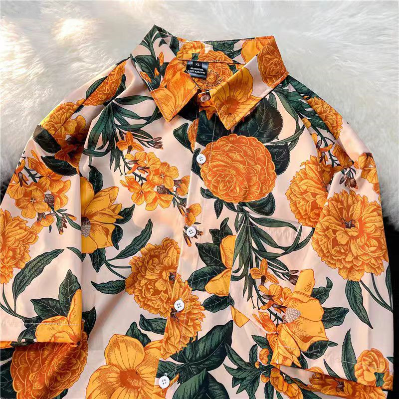 Thai Silk Blouse - Japońska tajska retro hawajska pomarańczowa koszula