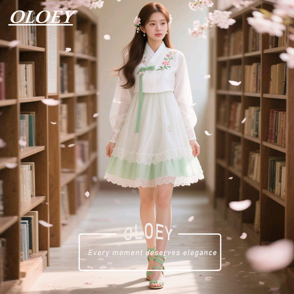 Hanbok Modern Set - OLOEY Nowoczesny Zielony/Kremowy Krótki Zestaw Hanboków